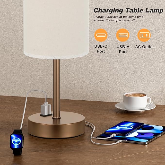 Fenmzee Touch Table Lamp - Beige, 3-Way Dimmable, USB A + C Charging, AC Outlet, 17.4inch Medium, Brown Metal Base - Bloomnest