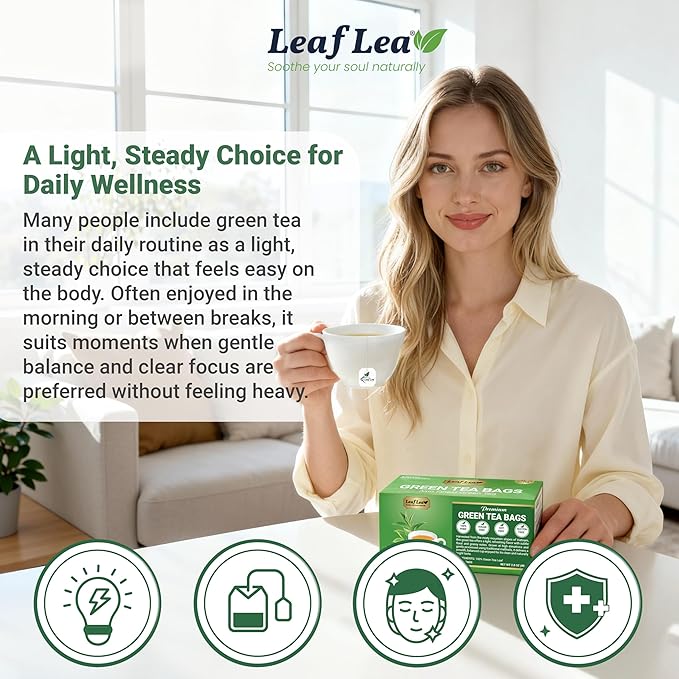LeafLea 40 Green Tea Bags, 100% Natural & Pure from Green Tea Leaves, Smooth & Refreshing, Everyday Wellness with Natural Caffeine Content, Sugar-Free, Non-GMO, Individually Wrapped for Freshness - Bloomnest