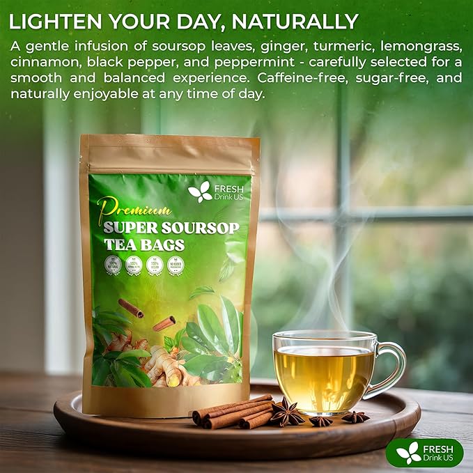 FreshDrinkUS, Super Soursop Herbal Tea – 60 Tea Bags | Soursop, Ginger, Turmeric, Lemongrass, Cinnamon, Black Pepper & Peppermint | Caffeine-Free, Natural Flavor, Plant-Based Blend | Sugar-Free - Bloomnest