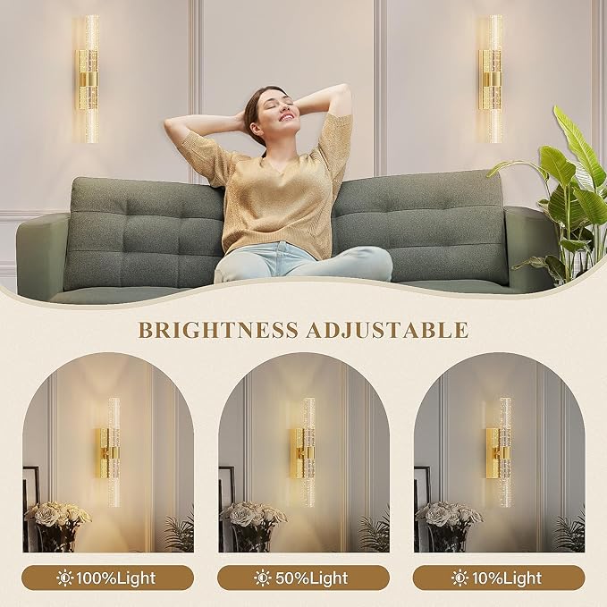 camuucci Battery Operated Gold Wall Sconces Set of 2 Rechargeable Battery Powered Wall Light with 12000mAh Not Hardwired Dimmable Wall Lamp Fixtures for Bedroom Living Room 15.3 Inches - Bloomnest
