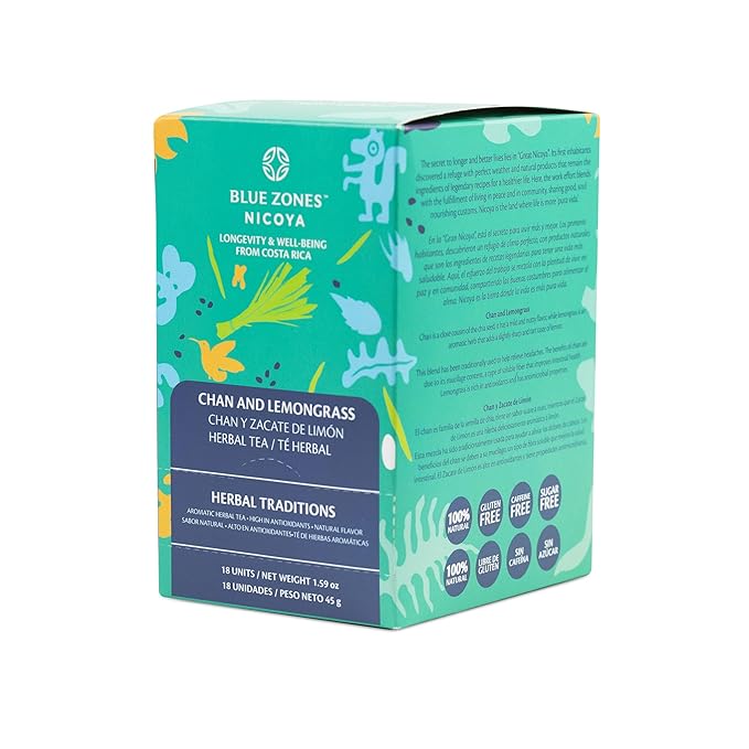 Blue Zones Nicoya - Chan & Lemon Grass Flavored Tea Bags - 100% Natural, Organic, and Refreshing - High Micronutrients - Gluten, Caffeine, Sugar-Free - Pack of 18 (1.59 oz/ 45 g) - Bloomnest