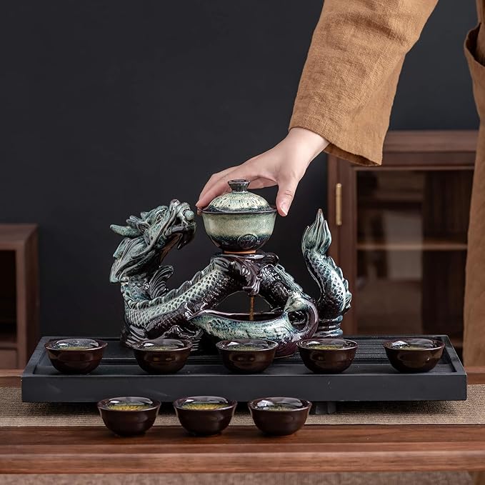 Ceramic Teapot with Infuser Semi Automatic Tea Set Magic Teapot with 8 cups Gradient Color (Gradient Dragon- A) - Bloomnest