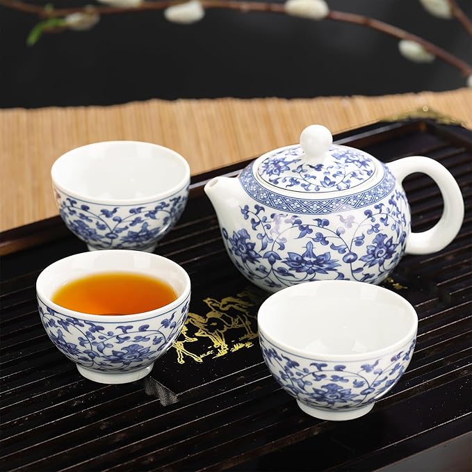 fanquare Kung Fu Tea Sets Lotus Pattern Blue and White Porcelain Tea Set with Teapot, Teacups, Fair Cup, Tea Tray, for Home Office, Traditional Chinese Tea Ceremony Set and Accessories