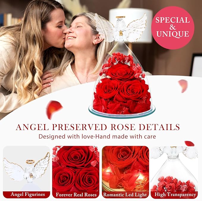 FIACO Valentines Day Gifts for Her Women, Preserved Flowers Forever Eternal Fresh Rose in Glass Angel Figurines Flowers for Delivery Red Roses for Grandma Mom Sister Wife Girlfriend Mother Birthday - Bloomnest
