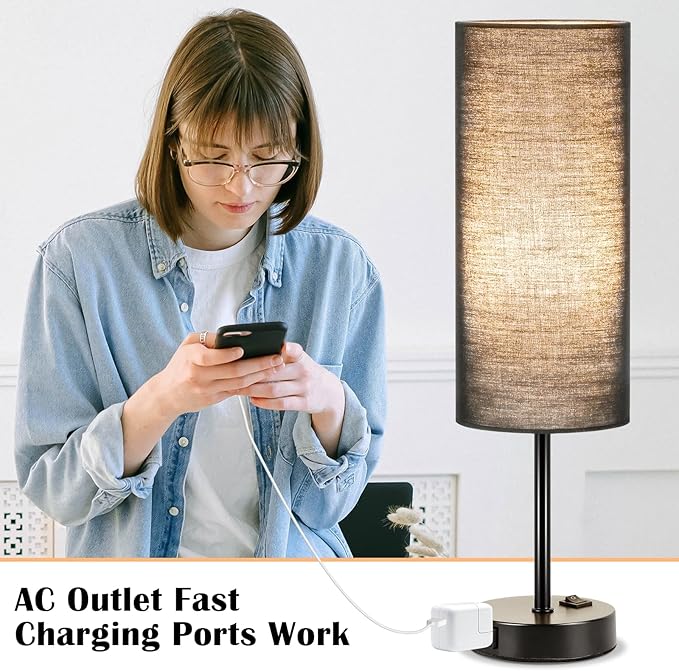 ZJOJO Table Lamp for Bedroom 2 Pack,18in Bedside Lamps with 3 Way Dimmable Rocker Switch & AC Outlet,Nightstand Desk Lamp with Black Fabric Shade Black Base for Living Room Home Decor Lights - Bloomnest