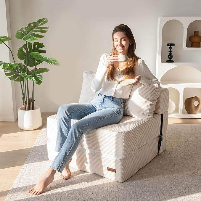 MAXYOYO Folding Sofa Bed, Convertible Sofa Bed with High-Density Support Foam, Portable 4 in 1 Fold Out Chair to Floor Lounger, Versatile Floor Couch for Living Room Bedroom, Beige - Bloomnest