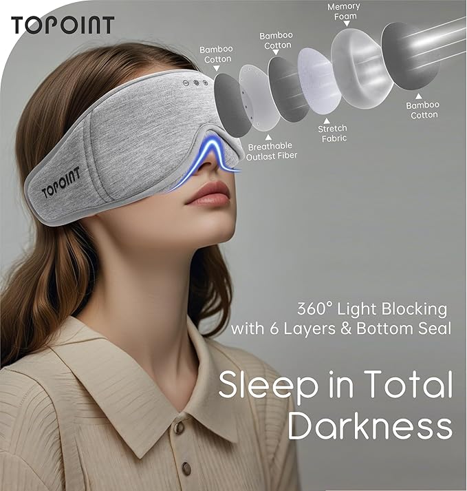 Sleep Mask with Headphones Bluetooth 5.4, TOPOINT 3D Eye Mask Blackout with Soft Bamboo Cotton for Side Sleepers Women Men, Sleep Headphones Earphones HD Speaker Microphone for Travel Meditation Gift - Bloomnest