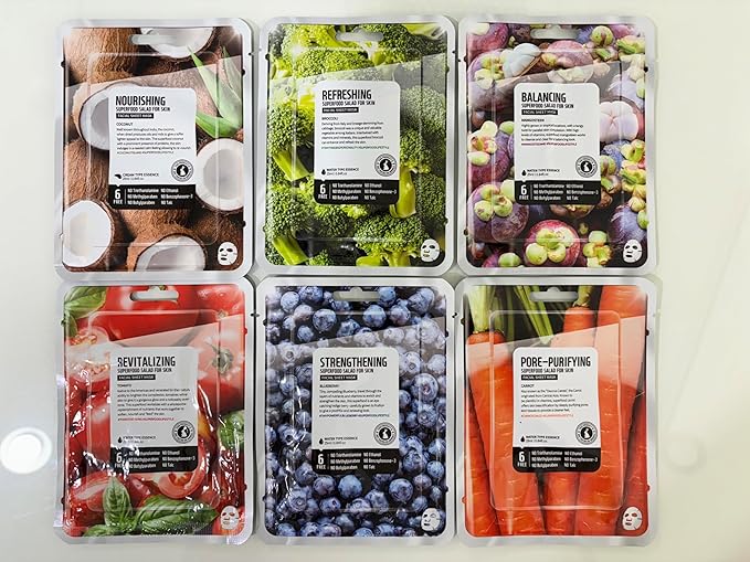 FARMSKIN Superfood Salad Sheet Mask Set of 6 | Korean Face Mask Sheets w/Mangosteen, Broccoli, Carrot, Coconut, Blueberry & Tomato | Refreshing, Nourishing & Cruelty-Free Face Mask Skincare Set - Bloomnest