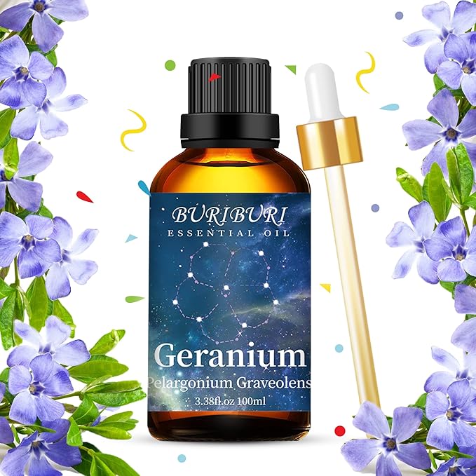 BURIBURI 100ML Geranium Essential Oil, 100% Pure Undiluted Aromatherapy Geranium Oil 3.38fl.oz for Soap, Candle Making, Massage, Diffuser, Humidifier BURIBURI