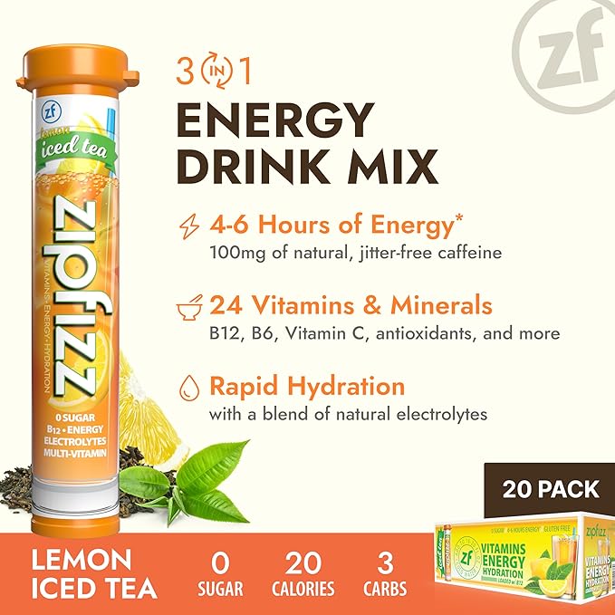Zipfizz Daily Energy Drink Powder, Lemon Iced Tea, 20 Pack | 3-in-1 Sustained Energy, Rapid Hydration, and Essential Vitamins | Sugar-Free | Electrolyte Powder | Contains Vitamin B-12 & Antioxidants - Bloomnest