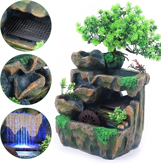 110V Small Rockery Water Fountain Indoor Desktop Resin Waterfall Fountain with LED Lights, Desktop Fountain Waterfall with Rockery, Desktop Ornament for Living Room, Office Decoration