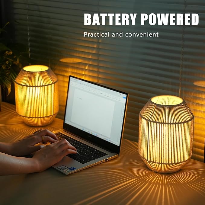 JHY DESIGN Set of 2 Woven Lampshade Table Lamps 8.5" H Cotton Rope Bedside ‌Light‌s Cordless Decorative Battery Operated Lamps with 6 Hours Timer for Bedroom Living Room Weddings Parties Patio - Bloomnest