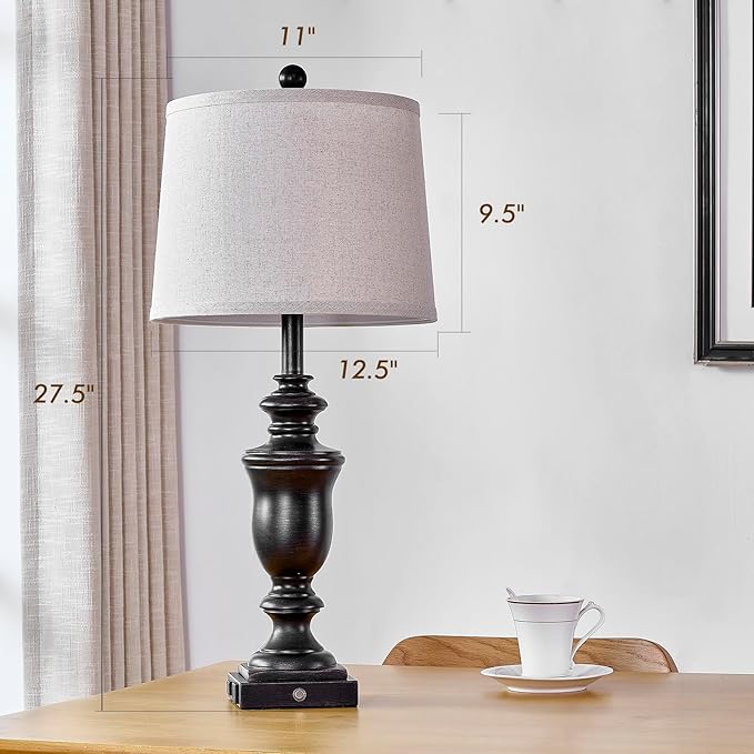 27.5" Set of 2 Farmhouse Table Lamps for Bedroom, 3 Way Dimmable Bedside Lamp with 2 USB +AC Outlet Nightstand Lamps for Living Room Resin Rustic Touch Lamps (Antique Black) - Bloomnest