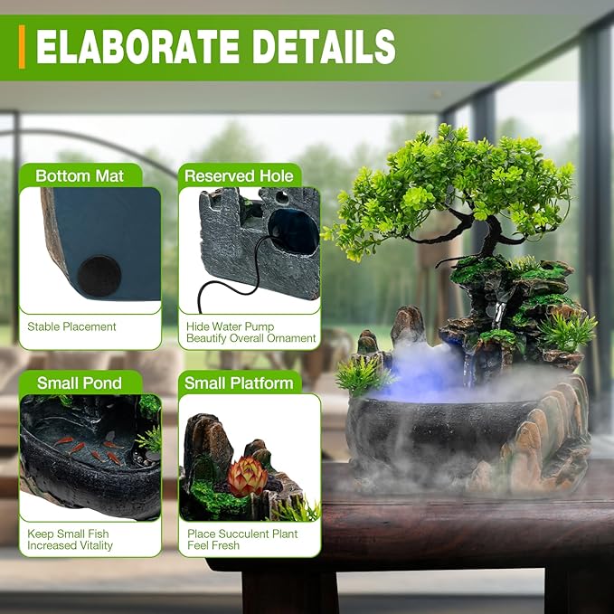 Rockery Water Fountain Desktop, Table Top rockeries Indoor Water Fountains Rockery & Bonsaim, Waterfall Fountain Indoor with LED Light for Home Office Bedroom Relaxation Desk Decor, 110V - Bloomnest