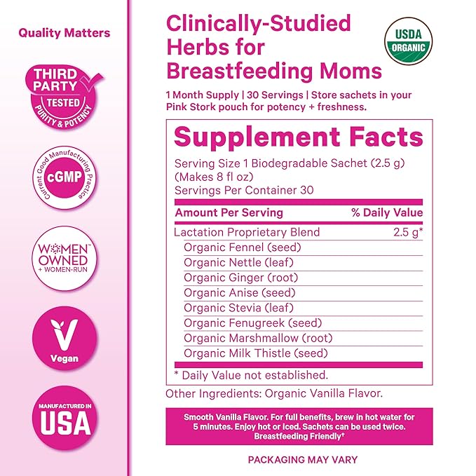 Pink Stork Organic Lactation Tea – Fenugreek, Fennel, Milk Thistle + More – Support for Breastfeeding, Pumping, Hydration, Milk Flow – Smooth Vanilla – 15 Sachets, Caffeine-Free - Bloomnest