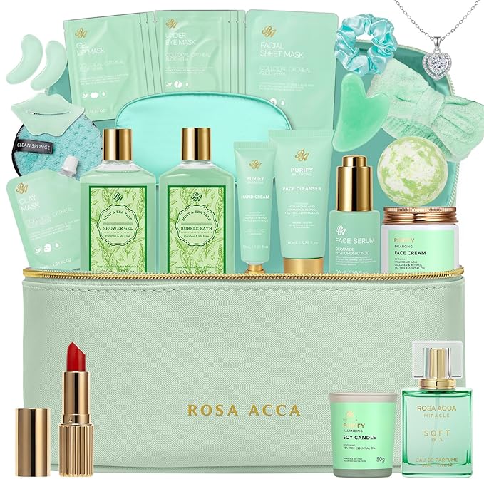 Valentines Day Gifts for Women, 25 Pcs Bath & Body Gift Set, Tea Tree Skin Care Kit, Spa Gift Basket, Self Care, Facial Sheet Mask, Toiletry Bag, Serum, Necklace, Christmas, Birthday, Mother's Day - Bloomnest
