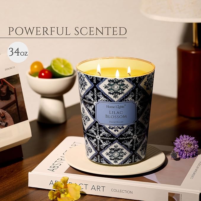 HomeLights Lilac Blossom Scented Candles | 34oz Soy Candles Bohemian Natural Textures 3-Wick Large Candle Jars | Ideal Candle Gifts for Events, Home Decor Stress, Relief & Relaxation - Bloomnest