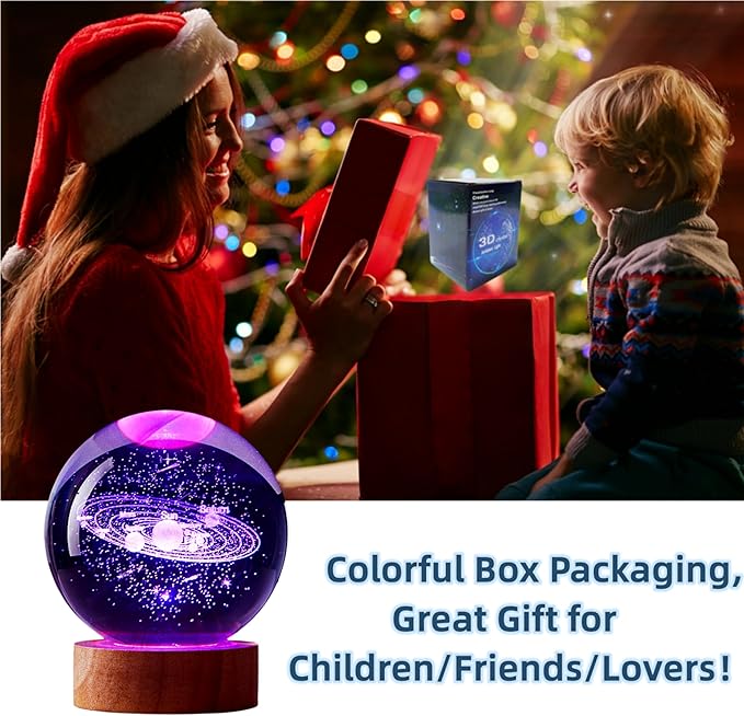 3.15 inch Solar System Crystal Ball lamp,3D K9 Crystal Ball Night Light with Wooden Base,16 Colors Change with Remote Control,Galaxy Light,Birthday Gift for Friends (Solar System) - Bloomnest