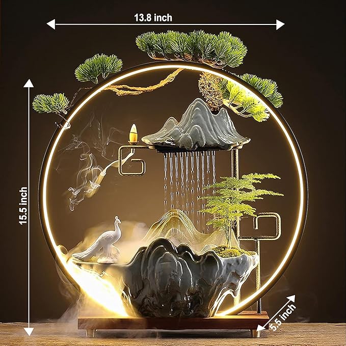 Peacock Tabletop Indoor Waterfall Fountain with Light - Backflow Incense Burner, Ceramic Zen Decor for Home Office Yoga Meditation - Bloomnest