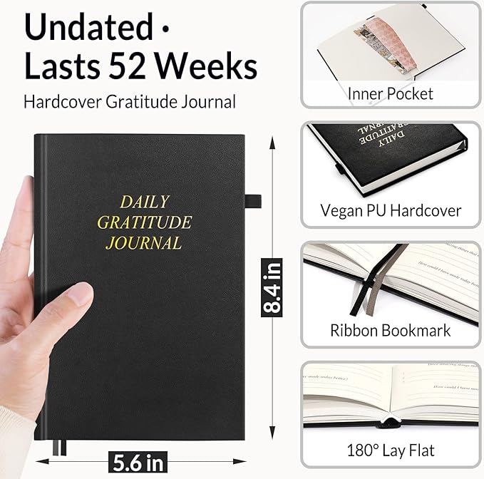 SUNEE Daily Gratitude Journal – 52 Weeks Simple 5 Minute Journal for Daily Reflection, Build Positivity and Mindfulness, Undated Minimalist Planner for Women & Men (Black)