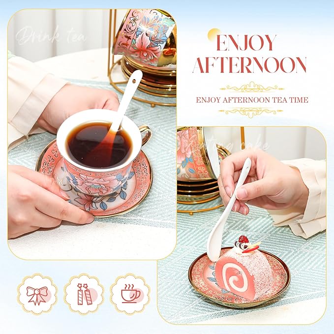 20 Pcs Porcelain Tea Set for Adults with Metal Holder and Spoon European Ceramic Tea Party Set Flower Painting Teapot Cup Saucer for Christmas Women Gifts, Serving 6 People(Attractive) - Bloomnest