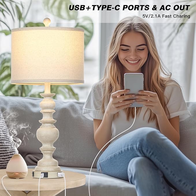 27.5" Farmhouse Table Lamps Set of 2, Rustic Living Room Lamps with USB C+A Ports & AC Outlet, Vintage Bedside Lamps with Linen Shade, Tradition Bedroom Lamps for Nightstand Side End Table Desk, Beige - Bloomnest