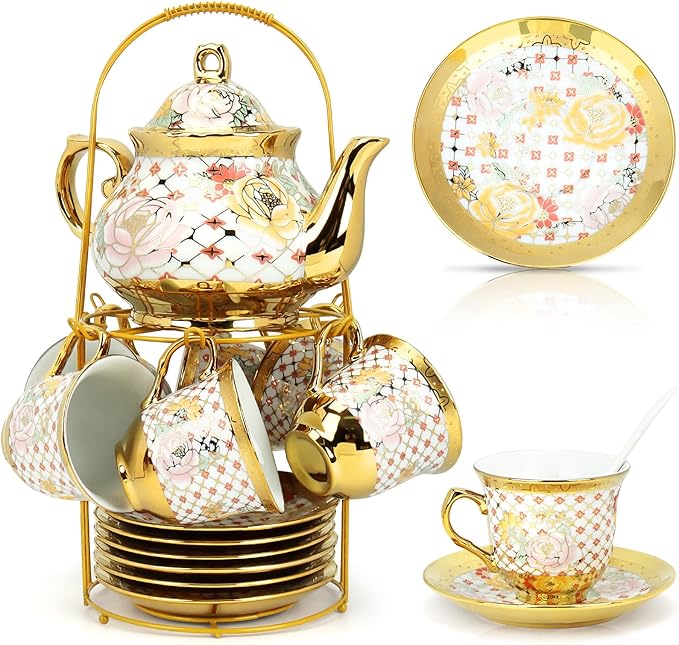 20 Pcs Porcelain Tea Set with Metal Holder, Adult Tea Sets Gift, European Ceramic Tea Set for Adults, Flower Tea Cup Saucer Set for Party With Gold Flower Painting (Classic Gold) - Bloomnest