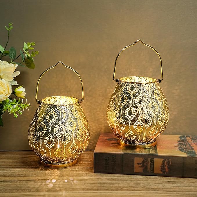 TRIROCKS Set of 2 Moroccan Decorative Lamps 8'' High Cordless Lamp Metal Table Lamps with Fairy Lights Bulb for Home Living Room Garden Yard Party Events Tabletop Indoor Outdoor(Gold) - Bloomnest