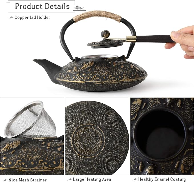 Ufine Koi Fish Cast Iron Teapot Set Stove Top Tea Kettle with 4 Cups Japanese Style Tetsubin Tea Gift Set, 26 oz with Stainless Steel Infuser - Bloomnest