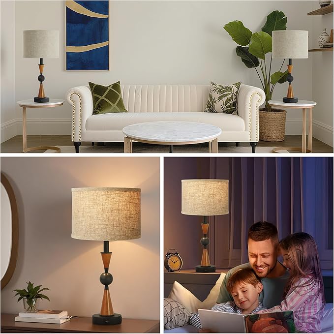 23'' Modern Table Lamps Set of 2 - Farmhouse Bedside Lamps for Bedroom with USB A+C, Wooden Lamps for Night Stands, Lamp for Living Room End Tables - Bloomnest
