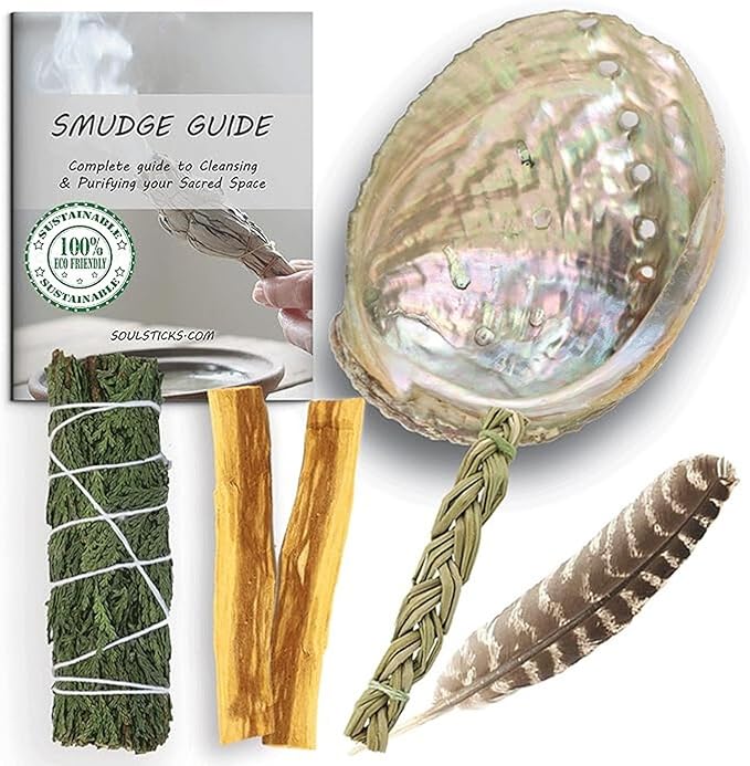 Ancient VEDA Organic Smudge Kit – Cedar Sage, Palo Santo, Sweetgrass, Abalone Shell, Feather & Smudge Guide | Smudging Kit for Home Energy Cleansing, Meditation, Reiki (Healer's Kit, Cedar Sage) AncientVeda