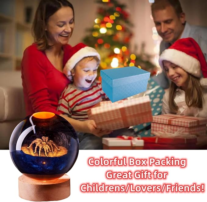 3D Large Spider Crystal Ball Night Light with Wooden Base, Crystal Lamp Gift for Kids Wife Friends, 16 Color Changing with Remote Control, Home Horror Decoration Glass Ball Lamp (Spider) - Bloomnest
