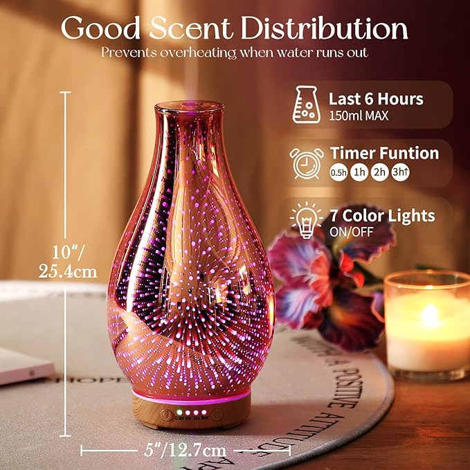 Porseme Essential Oil Diffuser 3D Glass Aromatherapy Ultrasonic Humidifier Cool Mist, Auto Shut-Off, Timer Setting, BPA Free for Home Office Hotel Yoga Gym Leisure SPA Gift 100ml Porseme