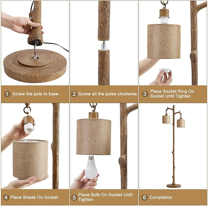 Rustic Floor Lamp for Living Room - Newly Upgraded Heavy-Duty Resin Base Farmhouse Floor Lamp with 2 Country Vintage Reading Light - Standing Lamps for Bedroom Office Home Decor (Brown, 2 Bulbs) - Bloomnest
