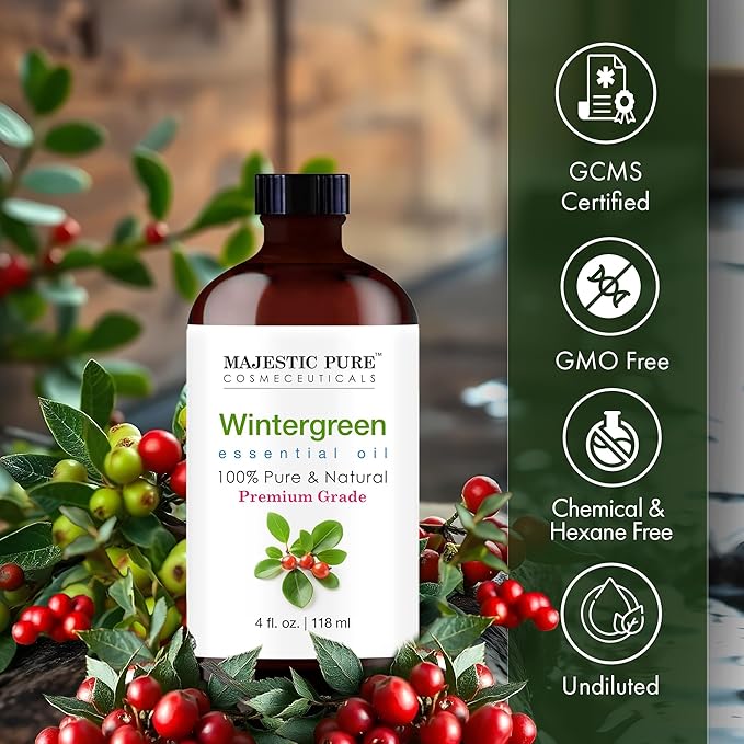 Majestic Pure Wintergreen Essential Oil with Glass Dropper - 4 Fl Oz - 100% Pure and Natural Wintergreen Oil - Premium Grade Essential Oils for Diffuser, Aromatherapy, Soap and Candle Making - Bloomnest