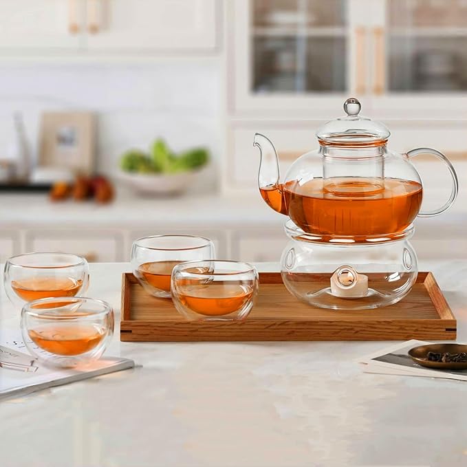 CnGlass 33.8oz Glass Teapot with Removable Infuser,Stovetop Safe Tea Kettle with 4-Pack Glass Teacups 3.4oz and Tea Warmer 5.3 in/13.5cm Diameter - Bloomnest