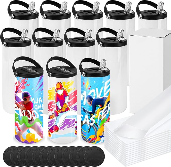 Joyclub 12 Pack Sublimation Water Bottle Blanks Bulk 20 oz Sublimation Tumblers with Handle Lids and Straws Skinny Straight Stainless Steel Cups DIY Gift - Bloomnest