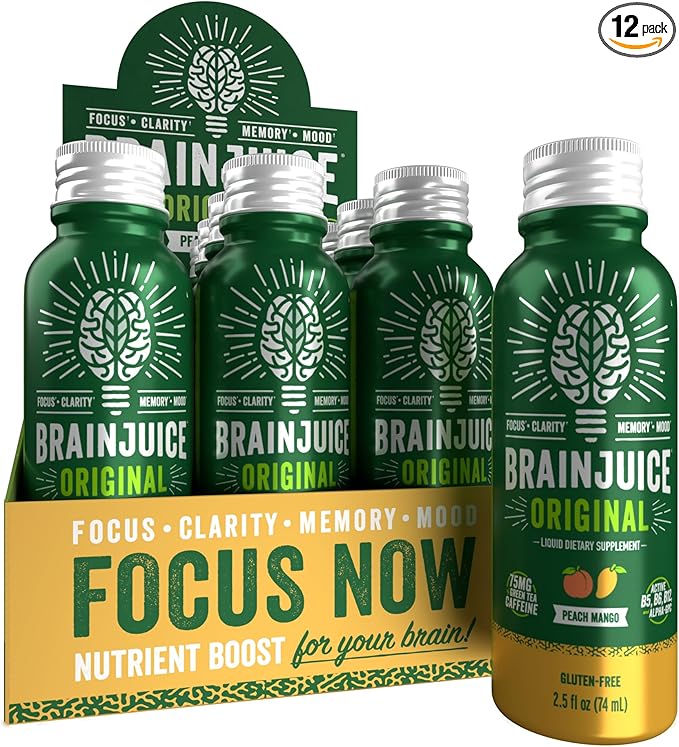 BrainJuice Brain Support Shot, Gluten Free Supplement Shots for Energy & Focus, Healthy Drinks with Alpha GPC, Vitamin B & Organic Green Tea Extract Caffeine, Peach Mango, 2.5 fl oz, 12 Pack - Bloomnest