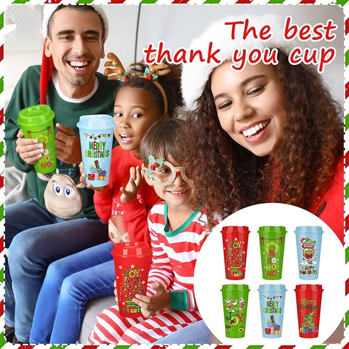 Pickmesh 12 Pack Christmas Coffee Cups Gifts Bulk 16 oz Reusable Coffee Cup Tumblers with Lid Plastic Cups Travel Mug Thank You Gifts for Women Coworkers Holiday Drinks - Bloomnest