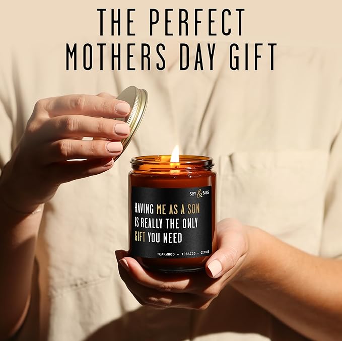 Mothers Day Gifts for Mom, Mom Gifts From Son - 'Having me as a Son' Soy Candle, w/Mahogany Teakwood I Mom Birthday Gifts from Son Ideas I 50Hr Burn, USA Made - Bloomnest