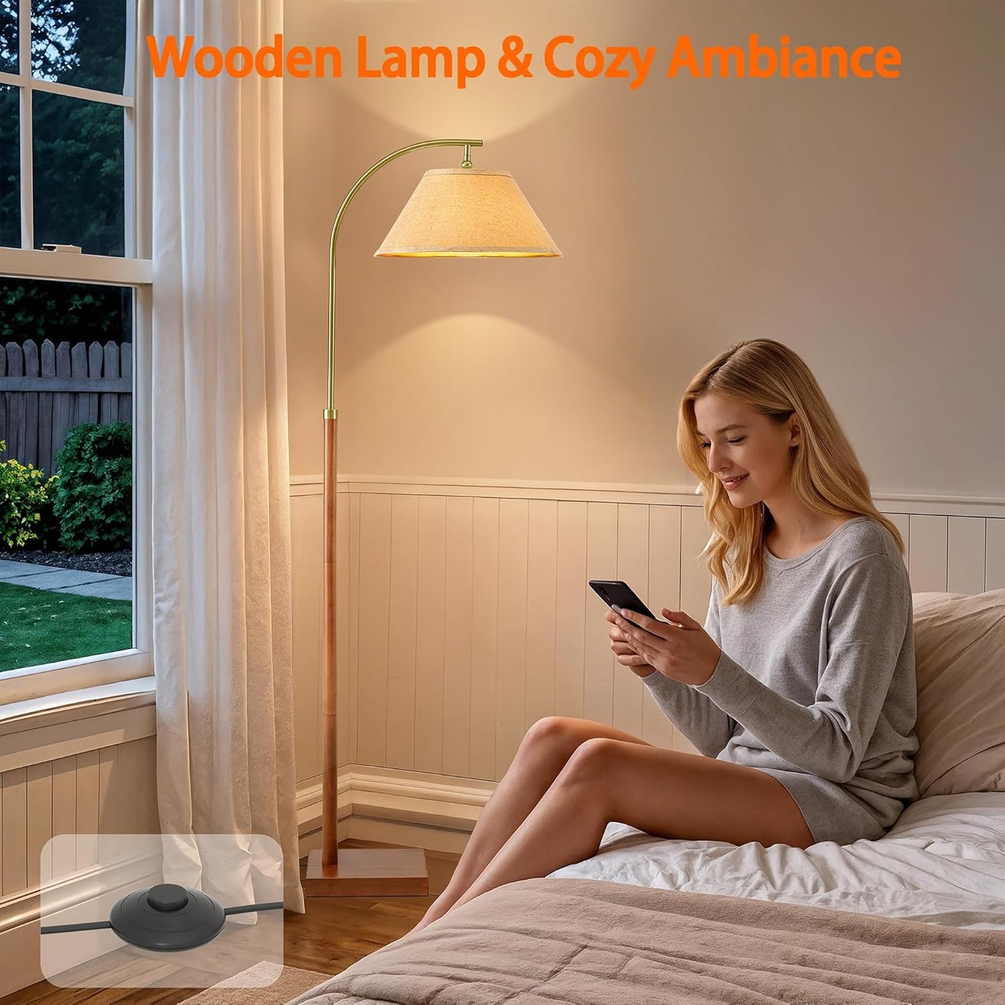 63" Floor Lamp for Living Room with Foot Switch Wood Standing Lamp Tall Lamp Mid Century Modern Arc Floor Lamps for Bedroom Office Industrial Reading