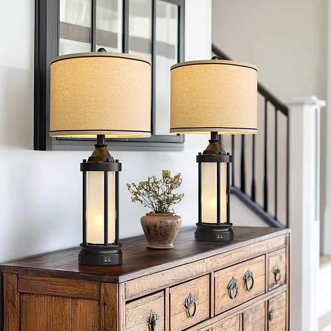 25'' Table Lamps for Bedroom Living Room Lamps Set of 2 Farmhouse Nightstand Bedside Lamps with USB Ports, Built-In Frosted Glass Night Light Industrial Metal Night Stand Lamp, Bulbs Included, Black - Bloomnest