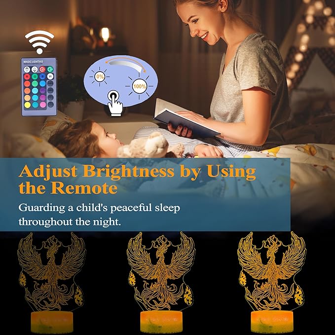 Phoenix Night Light, 3D Illusion Lamp, Phoenix Stuff with 16 Colors Changing, Remote Control, Dimmable, Kids Room Decoration, Xmas Holiday Gifts - Bloomnest