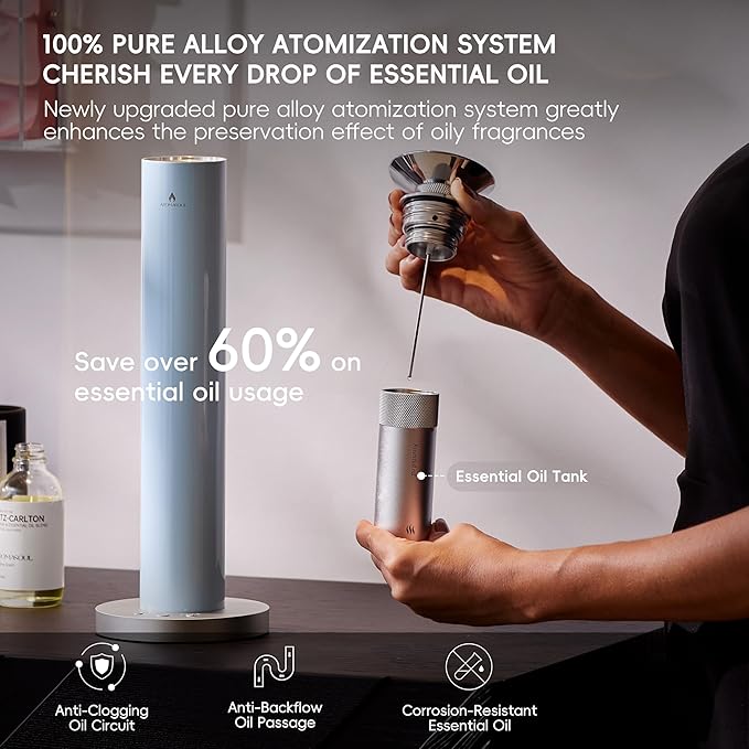 Waterless Scent Diffuser Starter Kit - Alloy Atomization System, Smart Rechargeable Hotel Scent Diffuser, 1500 Sq Ft Coverage, Including 120ml Essential Oil, for Home, Large Room, Spa, Pastel Blue - Bloomnest