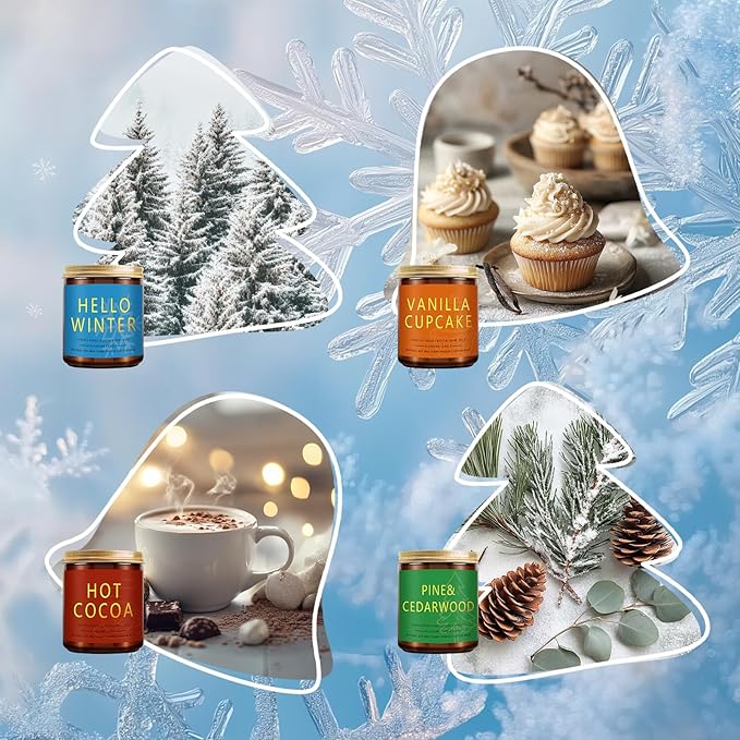 Winter Candle Gift Set, 4 Pack 7 oz Soy Scented Candles for Home, Christmas, Holiday & Birthday Gifts for Women & Men, Includes Hello Winter, Pine & Cedarwood, Hot Cocoa, and Vanilla Cupcake - Bloomnest