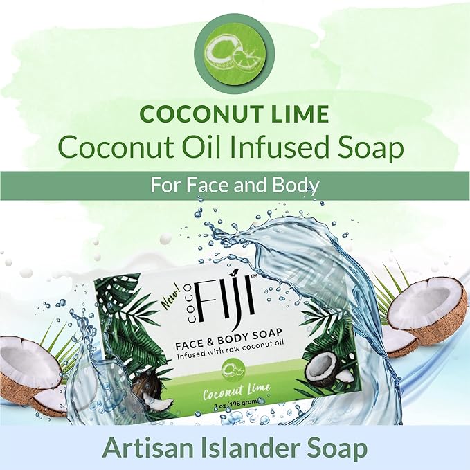 Coco Fiji Soap Bar for Face and Body Infused With Organic Coconut Oil, Coconut Lime, Essential Oil, Natural Soap for Moisturizing & Pore Purifying Skin, 7 oz,Pack of 2 - Bloomnest