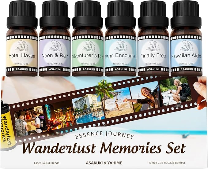 ASAKUKI Hotel Diffuser Oils Set, Hotel Scent Essential Oils for Diffuser, Travel-Inspired Luxury Fragrance Oil Blends,- Hotel Haven, Neon & Rain, Hawaiian Aloha, Warm Encounters, Finally Free - Bloomnest