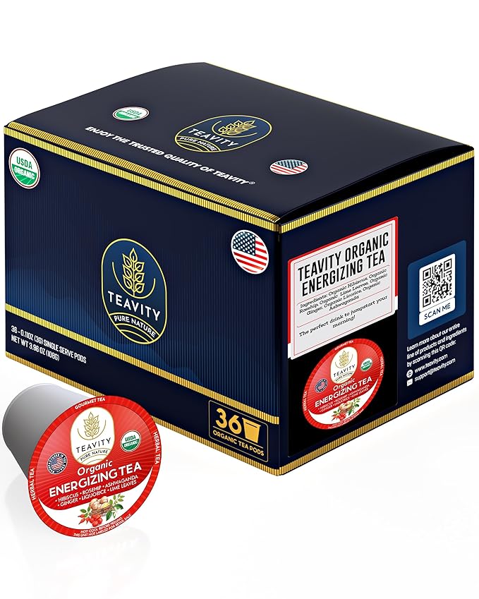 Organic Ashwagandha Tea Pods for Keurig with Ginger, Licorice, Organic Hibiscus Sabdariffa, Rosehip, & Lime - Decaf Herbal Tea - Energizing Tea by Teavity (36 Tea Pods) - Bloomnest