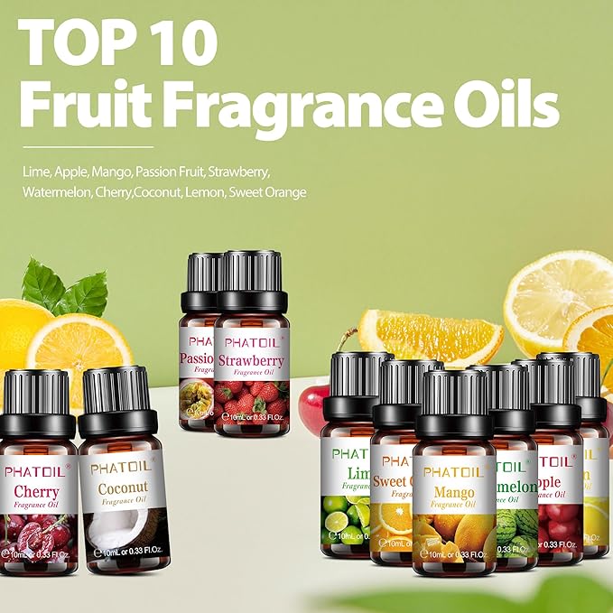 PHATOIL 10Pcs Fruity Fragrance Oil Set, Coconut, Cherry, Apple, Strawberry, Mango Candle Scents for Candle Making, Freshie Scents for DIY Soap Making, Diffuser Oil Scents Set - Bloomnest