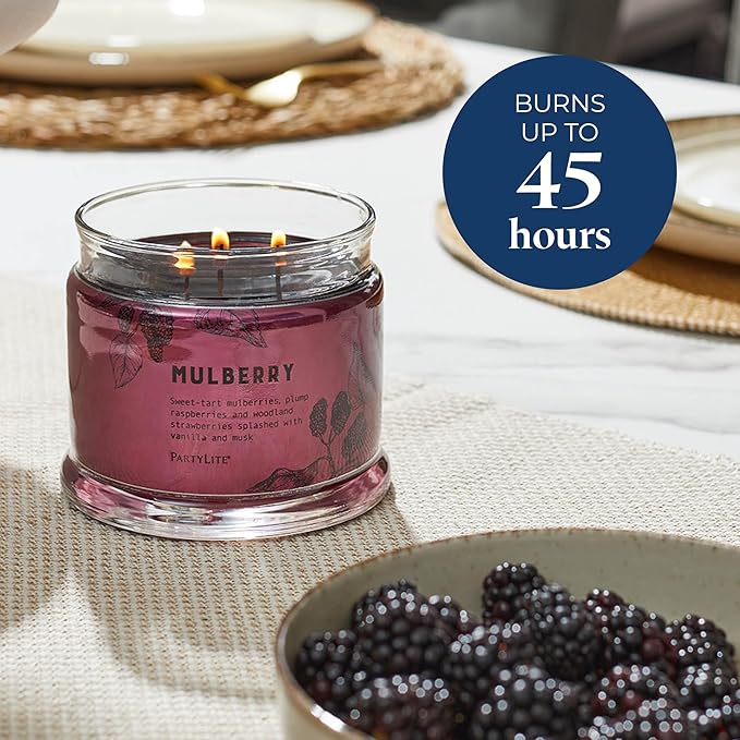 PartyLite Mulberry Scented, Notes of Tart Black Currant, Sweet Blackberry, Juicy Mulberry & Jewels of Pomegranate, 13.2oz 3-Wick Jar Candle, 45 Hour Burn Time, Luxurious Fragrance, Perfect for Gifting - Bloomnest